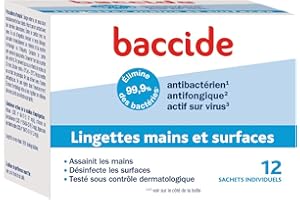 Baccide - Lingettes Mains et Surfaces Anti Bactériennes - 12 Lingettes