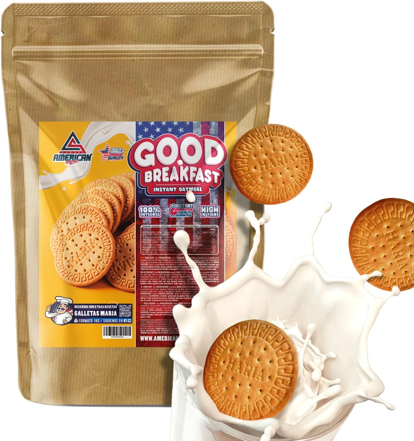 AS American Suplement | Harina de Avena Integral | Bajo en Azúcares y en Grasas | Fuente de Fibra de Calidad y Alto Contenido en Proteínas | Ideal para Postres Saludables (1 kg, Galleta María)