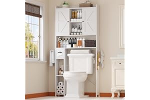 EasyCom Over The Toilet Storage Cabinet, Farmhouse Storage Cabinet Over Toilet with 2 Barn Doors, Space-Saving Toilet Cabinet with Toilet Paper Holder and Metal Feet, for Bathroom, Laundry, White