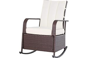 Outsunny Rocking Chair Fauteuil à Bascule Grand Confort Style Cosy Coussins Assise Dossier déperlant crème résine tressée Imitation rotin Chocolat