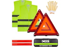 XOOL Kit de Seguridad Vial – Triángulos Reflectantes, Chalecos de Alta Visibilidad, Bolsa de Almacenamiento y Guantes para Averías y Emergencias en Carretera