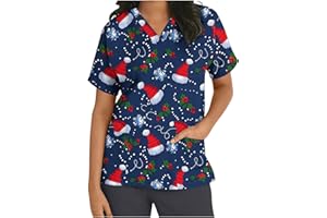 TSACHICK Christmas Black Scrubs V Neck Christmas Scrub Top Xmas Christmas Scrubs Tops Nurse Adult Santa Nurse Uniform Women Workwear Beauty Tunic Medical Uniforms & Scrubs Work Healthcare Tunics For Women