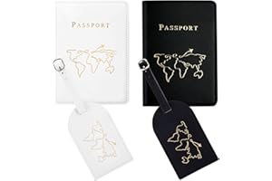 Couvertures de Passeport et Étiquettes à Bagages, 2 x Protege Passeport Cuir et 2 x Étiquette Valise Porte-Passeport pour Femmes Hommes Cadeau de Lune de Miel pour Couples (Noir+Blanc)