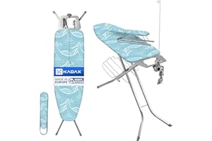 KADAX Tabla de Planchar de Acero con Funda de Algodón, Enchufe, Altura Regulable, Estante para Ropa y Soporte para Plancha, Mesa Plegable (Menta)