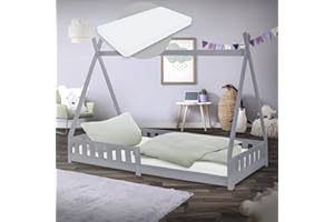 ML-Design Kinderbett Tipi 90x200 cm Hellgrau mit Matratze H:10 cm, Rausfallschutz & Lattenrost, Kiefernholz, Indianer Bett Mädchen & Jungen, Hausbett mit Zaun, Bodenbett Jugendbett Spielbett Holzbett