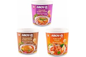 YIJIA | PACK 3x400gr Salsa Curry en pasta Tailandés (Massaman, Panang, Tom yum) - Aroy-D Salsa Curry de Tailandia Original