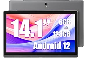 MESWAO Tablet 14.1 Zoll, Android 12 Tablet mit 1920 * 1080 IPS HD Display, 6GB/128GB, 2.4G/5G WiFi, Bluetooth 4.1, und 10000mAh Akku - Ideal für Produktivität, Unterhaltung und Bildung (Grau)