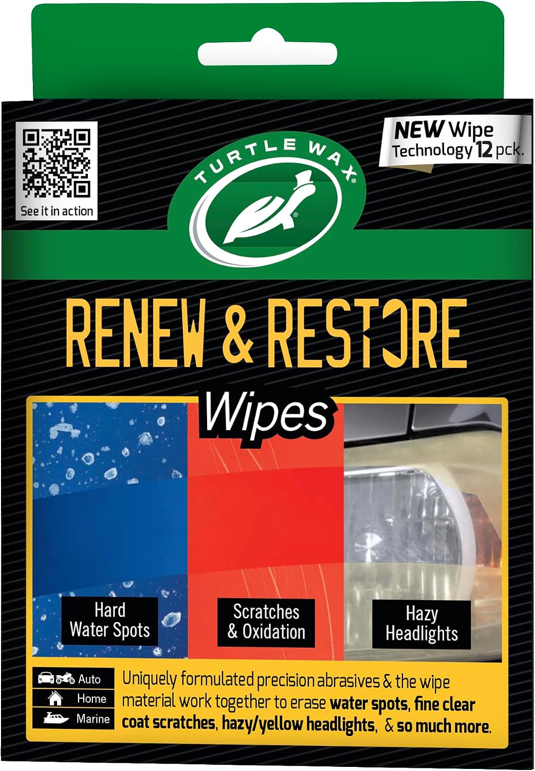 Turtle Wax Renew & Restore Compound Wipes, Light Scratch Remover and Headlight Restoration Kit, Effective Water Spot Remover, For Home, Auto, & Marine Use on Glass, Metal, Plastics & More (Pack of 12)