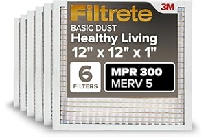 Filtrete 12x12x1, AC Furnace Air Filter, MPR 300, Clean Living Basic Dust, 6-Pack (exact dimensions 11.81 x 11.81 x 0.81)