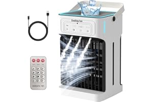 YFFU Condizionatore Portatile con Telecomando,1100ml Doppio Motore e Ventola Mini Climatizzatore,Timer 2-8, 3 velocità 3 Nebulizzazione,Ventilatore Aria Fredda per Casa Ufficio,Argento Bianca