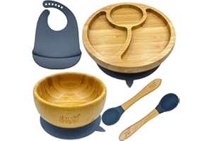 SHIP SHAPE Zestaw do karmienia niemowląt - Bambusowy talerzyk, miska & 2x łyżka z końcówką silikonową & śliniak - Komplet antypoślizgowych naczyń dla dzieci - Darmowy Ebook - wolne od BPA – ShipShape
