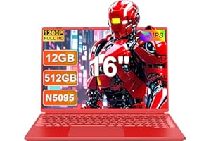 HUQPPQ 16 Inch Gaming Laptop, Celeron N5095 (Up to 2.9GHz),12GB RAM 512GB SSD, 1TB Expandable, FHD 1920x1200, WIN11, USB3.0, WiFi5, Notebook Computer for Students & Office-Red