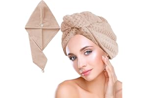 OLICKY Haarturban, Turban Handtuch mit Knopf, Mikrofaser Handtuch für Kopf und Lange Haare (Braun)