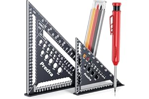 PRECIVA Squadra da Falegname 5 in 1, Squadra Combinata per Legno con 7‘’ e 12‘’, Righello Angolare Multiuso in Alluminio con Funzione di Foratura, con Matita Carpentiere e Ricariche Mine