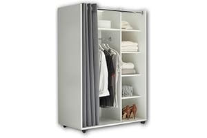 Stella Trading JENKE, Armadio appendiabiti a rotelle, bianco con tenda in tessuto, versatile armadio multiuso con intelligente suddivisione interna degli spazi, 100 x 145 x 50 cm (L x A x P)