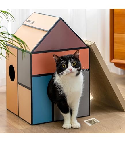 Maisonnette En Carton Pour Chat ZOOPIZ - 48x44x36 Cm, Couleur Marron - Confortable, Facile à Assembler, écologique Et Ludique - 6