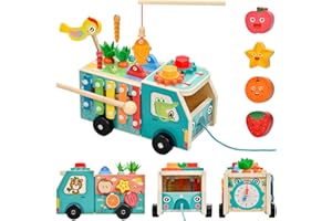 BLUESEABUY Juguetes Montessori de Madera para Niños 1 2 3 Años, Juguete Educativo 5 en 1 con Pesca, Zanahorias, Xilófono, Engranajes y Coche de Arrastre, Juego Sensorial de Aprendizaje y Regalo Infantil