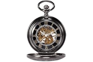 TREEWETO Montre De Poche avec Chaîne pour Hommes Femmes Rétro Mécanique Squelette Analogique À Remontage Manuel Antique Loupe Conception Noir