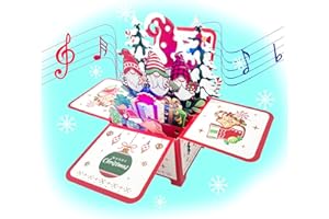 TIANHOO Kartki świąteczne, kartki świąteczne 3D Pop Up ze światłem i muzyką, kartki świąteczne 3D z kopertami i etykietami wiadomości, prezent świąteczny dla dzieci, przyjaciół, rodziny