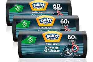 Swirl tunga soppåsar 60 l (3 x 12 påsar), soppåsar med praktisk dragband, dropp- och stöttålig soppåse för tungt avfall från hus och trädgård