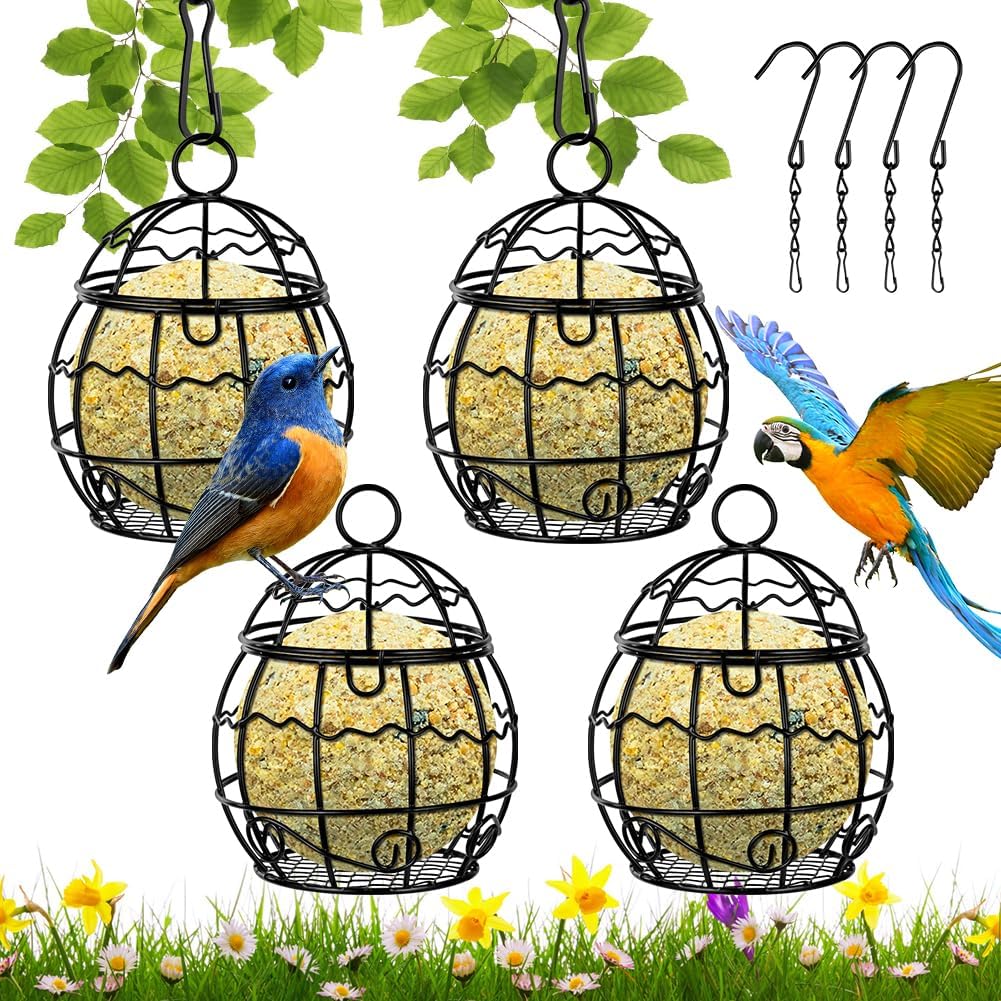 OFFCUP Comedero para Pájaros, 4PCS Comedero Pájaros Bolas de Grasa, Alimentador de Pájaros de Metal con 4 Ganchos en Forma de S, Comedero Colgante Exterior para Balcón Jardín Gorrión Pájaros Salvajes