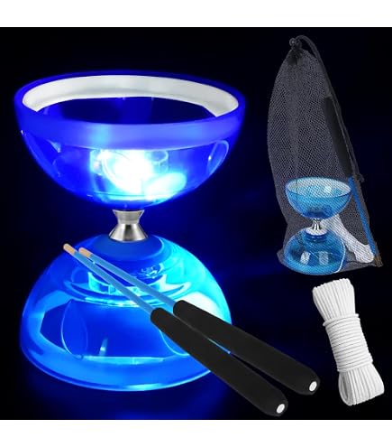 Diabolo Lumineux à Roulement à Billes – Triple Roulement – Jonglerie LED – Débutant Et Pro – Sac De Transport Et Corde De Rechange – Bleu – Jeu De Coordination