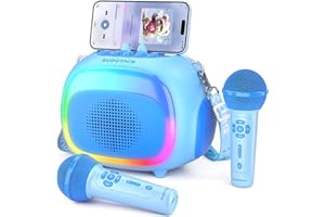 SUDOTACK Mini Karaoke Machine for Kids, KM100 Portable Bluetooth Karaoke Speaker with 2 Wilreless Microphones and Led Lights for Home Party, Birthday Gift for Girls and Boys (Blue)
