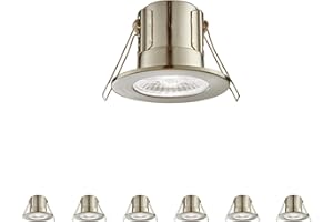NATIONAL LIGHTING Fire Rated Downlights, Brushed Chrome Slimline Bathroom/Shower IP65 Waterproof Ceiling Lights, LED Cool White 4000K, 4W 500 Lumens, 60 Degree Beam Angle, Long-Life 30,000 Hours - Pack of 6