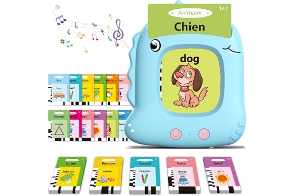 Cartes Flash Parlantes pour Enfants de 2 à 6 Ans, 112 Feuilles 224 Mots, Cartes Parlantes Montessori Français, Jouets Éducatifs pour Bébés Garçons Filles, Bilingues Français/Anglais(Bleu)