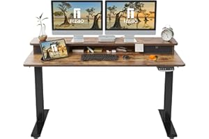 FEZIBO Height Adjustable Electric Standing Desk with Double Drawer, 140 * 60cm Stand Up Table with Storage Shelf, Sit Stand Desk with Splice Board, Black Frame/Rustic Brown Top