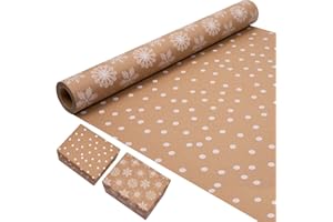 ZHNERY Rouleau de papier cadeau double face, 43 cm × 10 m, kraft recyclable, imprimé à pois et flocons de neige, pour décoration de Noël, anniversaire, fête.