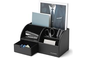 Vlando Organizer na biurko z szufladą, skórzany, do biura, na przybory piśmiennicze, wielofunkcyjny organizer na długopisy, uchwyt na pilota czarny