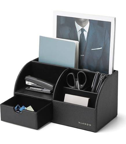 Organisateur Bureau Carton Noir JiaWei - 6 Compartiments + Tiroir, 40x20cm
