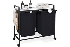 STELLSTAR Cesto para Ropa Sucia con Ruedas, Grande Cesto para la Colada Extraíble 2×50L, Cesta Colada con Bambú Estante y 2 Bolsas Colada Extraíble, Marco Metálico y 4 ganchos, blanco y negro