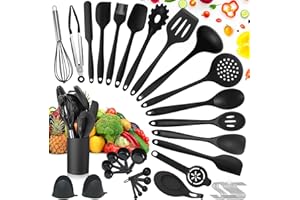 TAVADA Utensilios Cocina de Silicona Antiadherente, 49 Piezas, Resistente al Calor, sin BPA, 5 Cucharas Medidoras y 20 Ganchos (Negro)