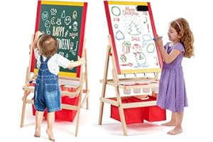 COSTWAY Cavalletto per Bambini 3 in 1, Lavagna Bifacciale, Cavalletto per Disegnare, con Rotolo di Carta, Magnetica, Accessori Completi, in Legno (52,5x51,5x106,5cm)