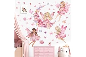 decalmile Pink Fairy Girls Wall Decals Flower Moon Butterfly Wall Stickers Girls Bedroom Baby Nursery Kids Room Wall Decor