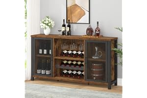 IBF Rustikaler Weinbarschrank, Kaffeebarschrank für Likör und Gläser, Bauernhaus-Holz-Buffet-Sideboard mit Aufbewahrungsregal, Wein-Likörschrank für Zuhause, Küche, Esszimmer, rustikales Braun, 140 cm