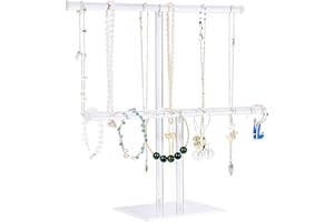 Aegistus Jewelry Stand Necklace Holder, Acrylic Jewelry Display Holder, Necklace and Bracelet Hanging Organizer, Clear 2-Tier Tower Stand for Bangles, Necklaces, Bracelets, Rings, Earrings and Watch