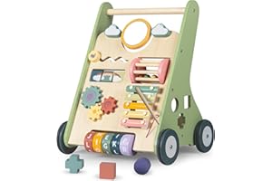 Bautia Wooden Baby Walker for 1 2 Year Old Boys Girls Push Along Toy, 10 in 1 Colorful Learning Activity Center for Toddlers 12 Month Gift with Shapes, Phrases & Mirror