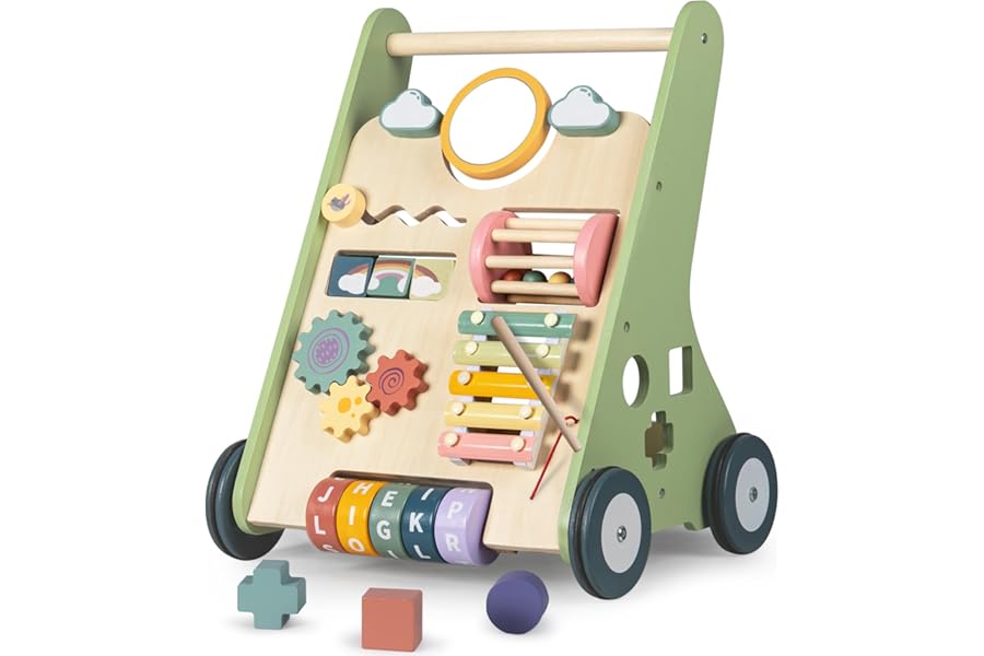 Bautia Wooden Baby Walker for 1 2 Year Old Boys Girls Push Along Toy, 10 in 1 Colorful Learning Activity Center for Toddlers 12 Month Gift with Shapes, Phrases & Mirror
