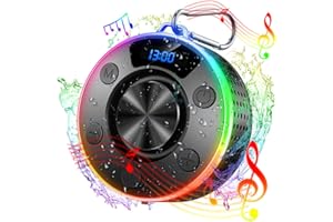 DONERTON Bluetooth Shower Speaker, Portable Bluetooth 5.4 Speaker with 10Hrs 360° Sound Stereo Bass, 2025 IPX7 Waterproof with RGB Lights and Time Display, Mini Speaker for Bathroom, Outdoor, Party, Travel