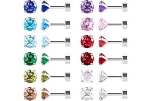 JMFENFA 12 Paare flache Rückseite chirurgischen Edelstahl Ohrstecker, Schraube zurück Herz Stern Quadrat Teardrop Runde vergoldet Silber Cubic Zirkonia CZ Birthstone Ohrstecker Set