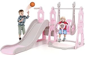 Arkyomi kids slide and swing set outdoor/indoor play,Large 3 in 1 garden slide with Basketball Hoop for toddlers age 3+ (Light pink)