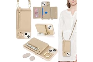 ELTEKER Handyhülle für iPhone 13 Hülle mit Band Kartenfach Ringhalterung Geldbörse,Leder Klapphülle Umhängetasche Handytasche für iPhone 13 - beige