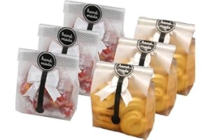 kuou 100 Pcs Translucent Plastic Cake Bags with 100pcs Hand Made Stickers for Cookie, Cake, Chocolate, Candy, Snack Wrapping Good, Bakery Party