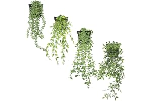 Zequech 4 macetas de plantas colgantes verdes de imitación, datura, eucalipto, guisante, perla, clorophytum comosum, terraza interior y exterior, oficina, decoración de boda, paisaje artificial