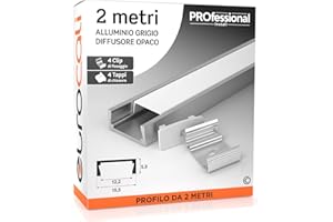 Eurocali Profilo da 2 metri (2mt) in Alluminio grigio per Strisce LED Schermatura Opaca ingombro max striscia led 12.2mm - 15.5 x 5.9