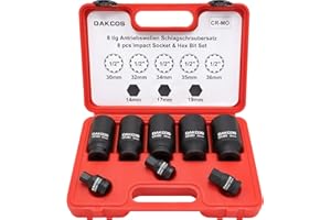 DAKCOS 8tlg Vielzahn Nuss Schlagschrauber-Nüsse Antriebswellen Spezialwerkzeug Satz Kraft Steckschlüssel Satz SW 30 32 34 35 36 mm | 12 Kant | 12,5 mm (1/2") | CR-MO