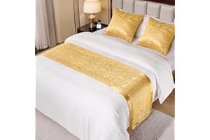 Cobedzy Gold Satin Bed Runner for King Size Beds, 50 x 240cm(20" x 94") Jacquard Bed Scarf Satin Bedding Scarves for Hotel, Home, Guesthouse